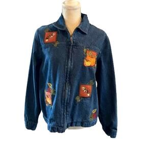 Northcrest Harvest Embroidered Denim Zip Front Jacket, L